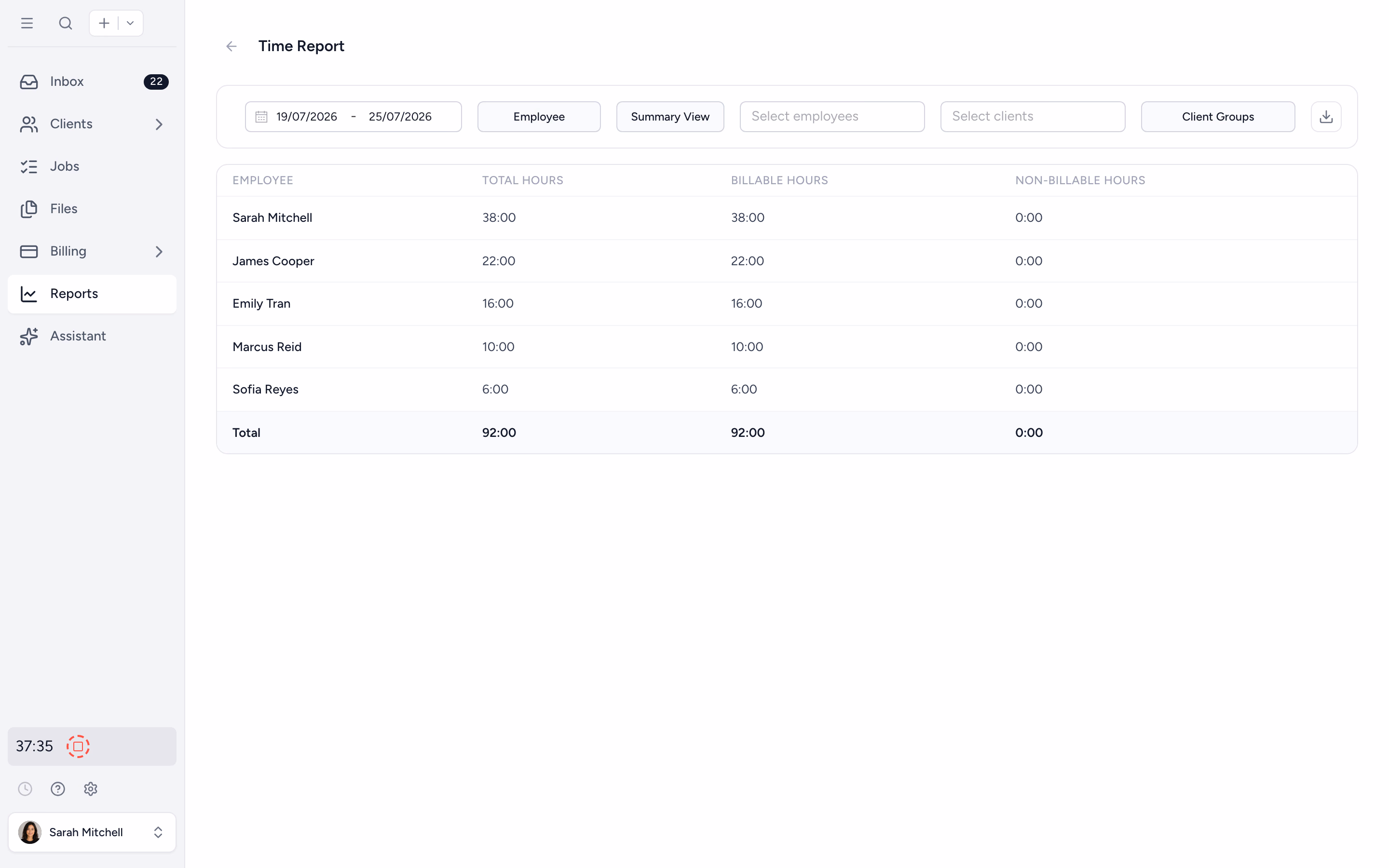 Time summary report aggregated by user and client