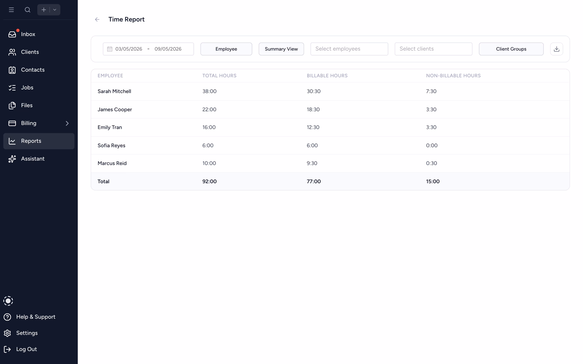 Time summary report aggregated by user and client