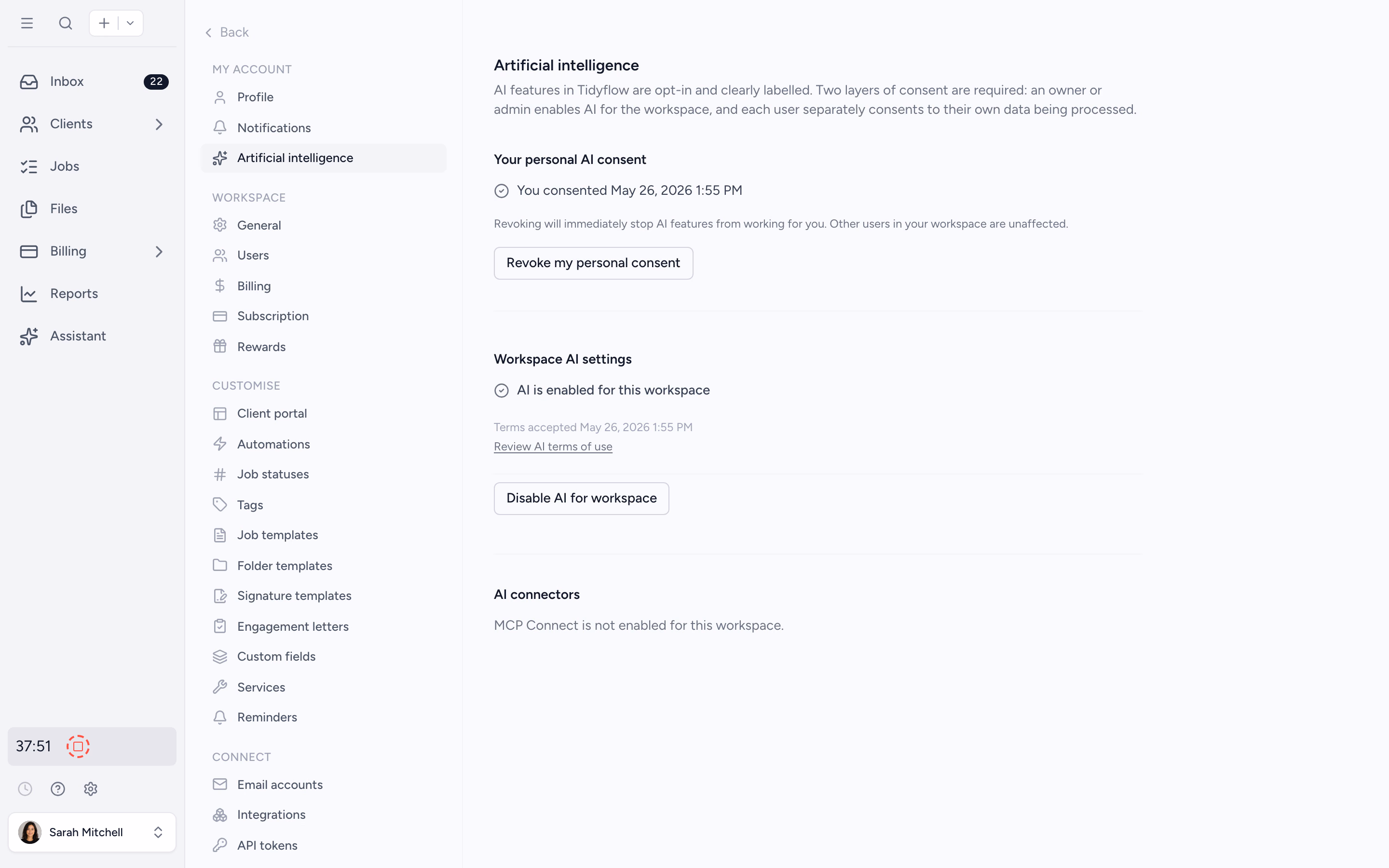 AI settings panel with firm-level opt-in controls