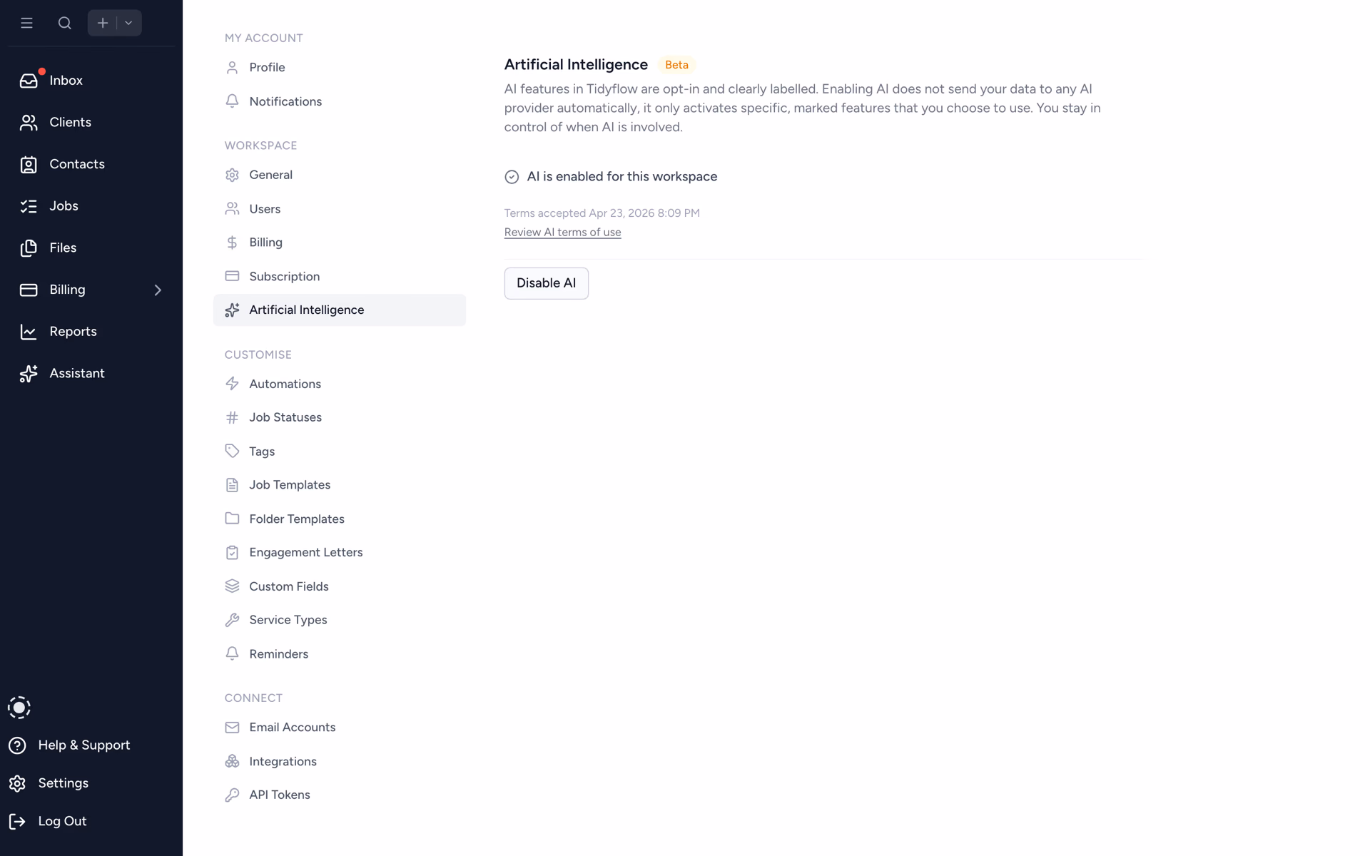 AI settings panel with firm-level opt-in controls