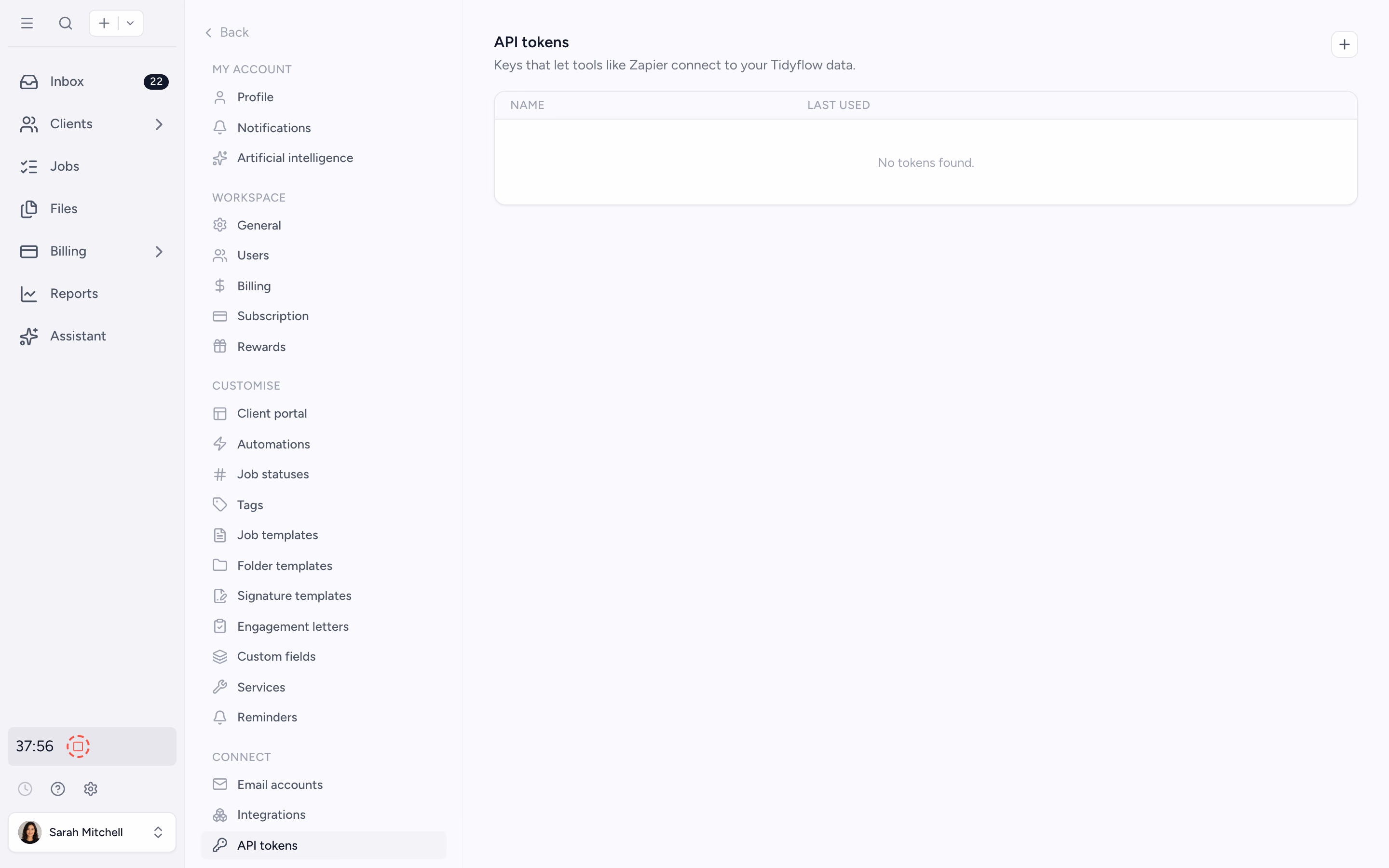 API token settings with scoped firm-level tokens