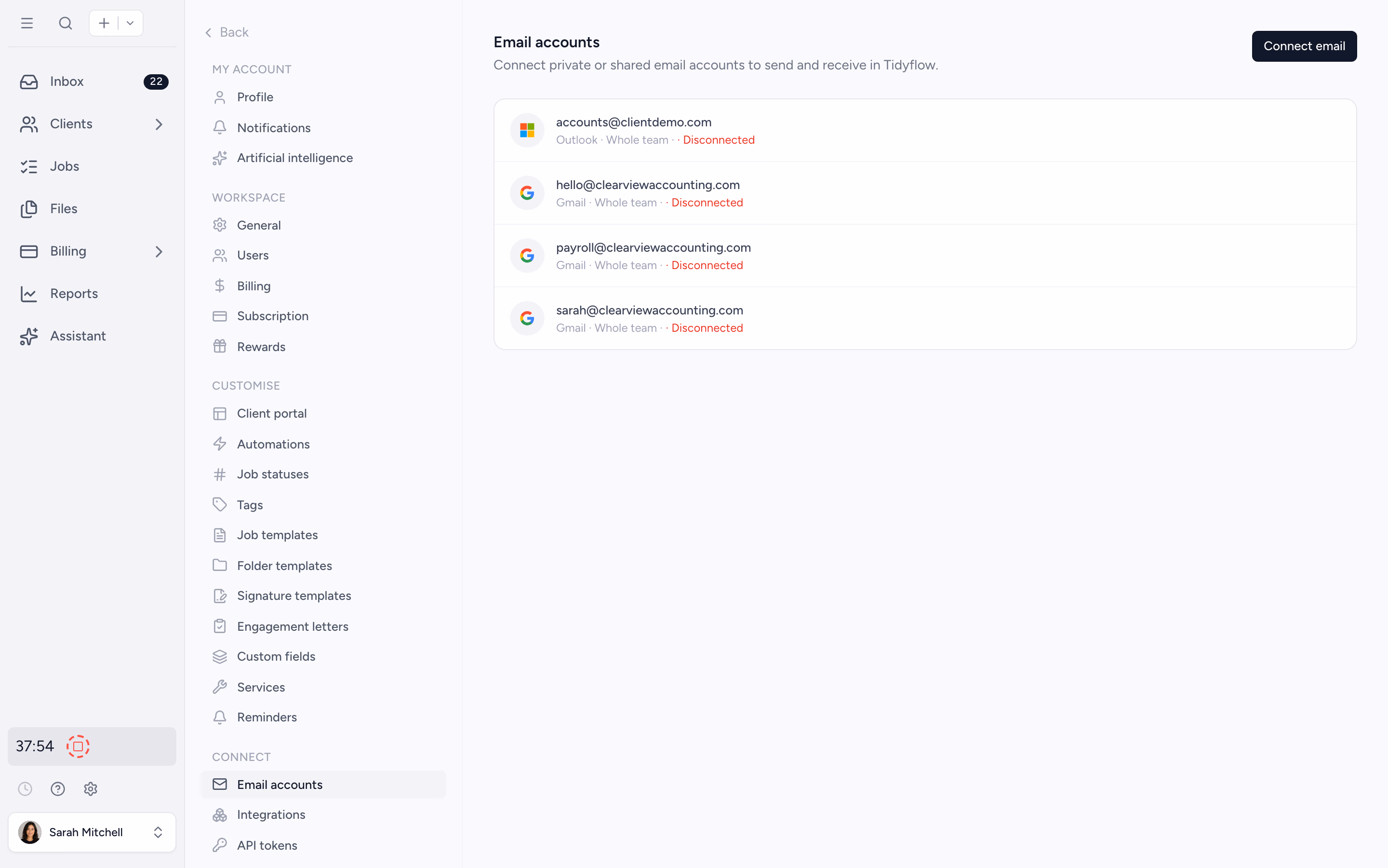Connected email accounts settings