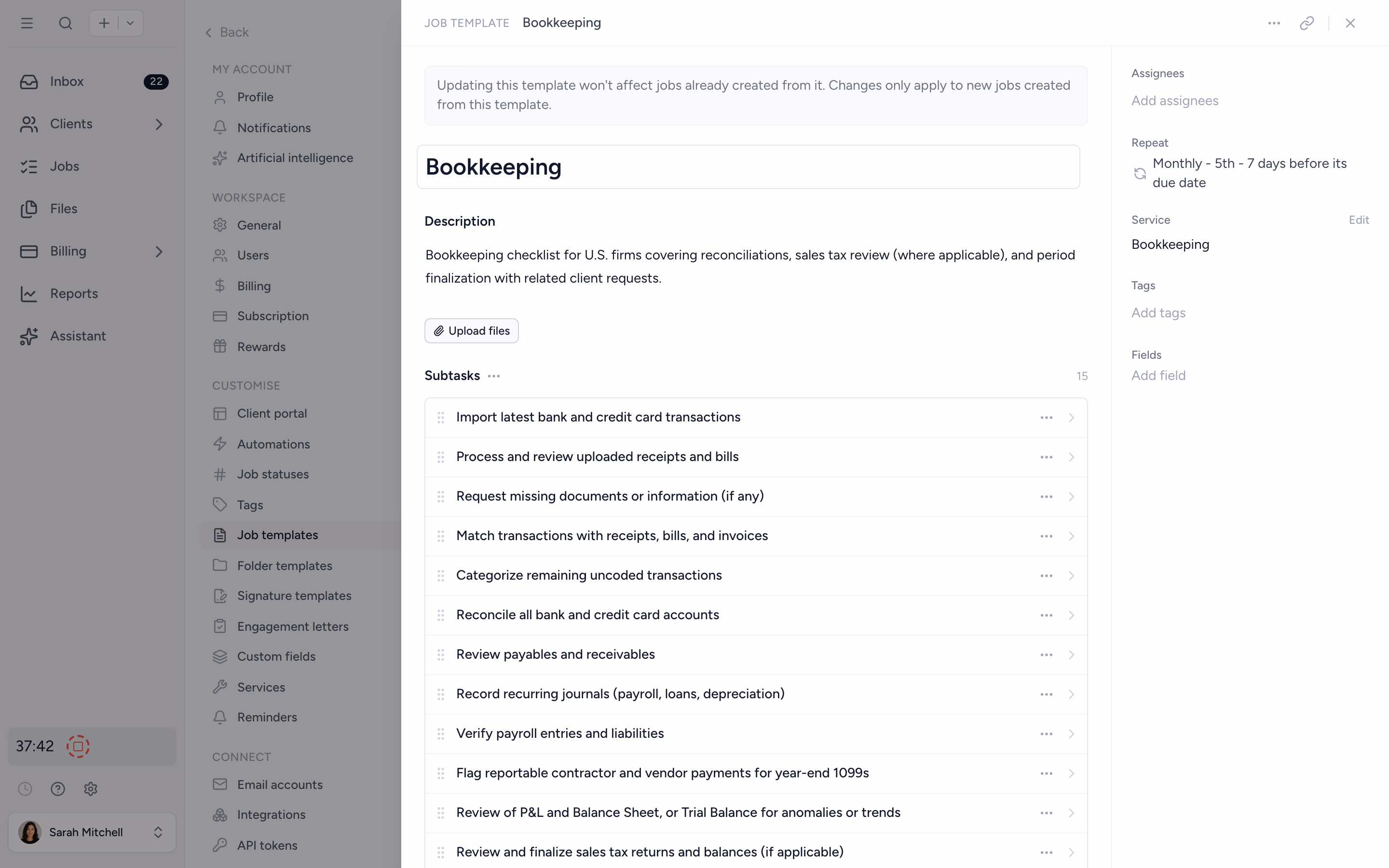 Tidyflow job template settings with tax workflows ready to deploy