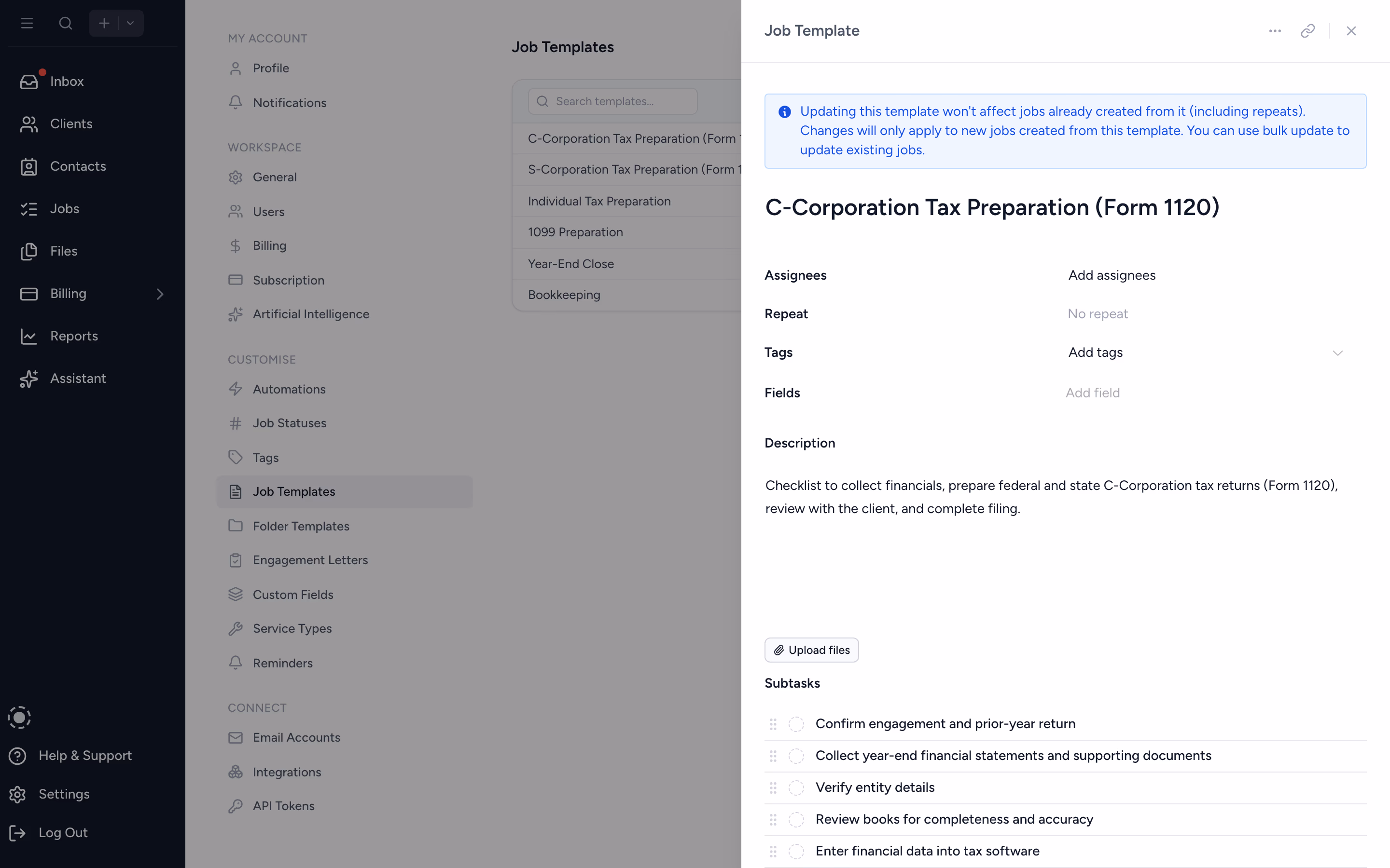 Tidyflow job template settings, with templates for accounting workflows