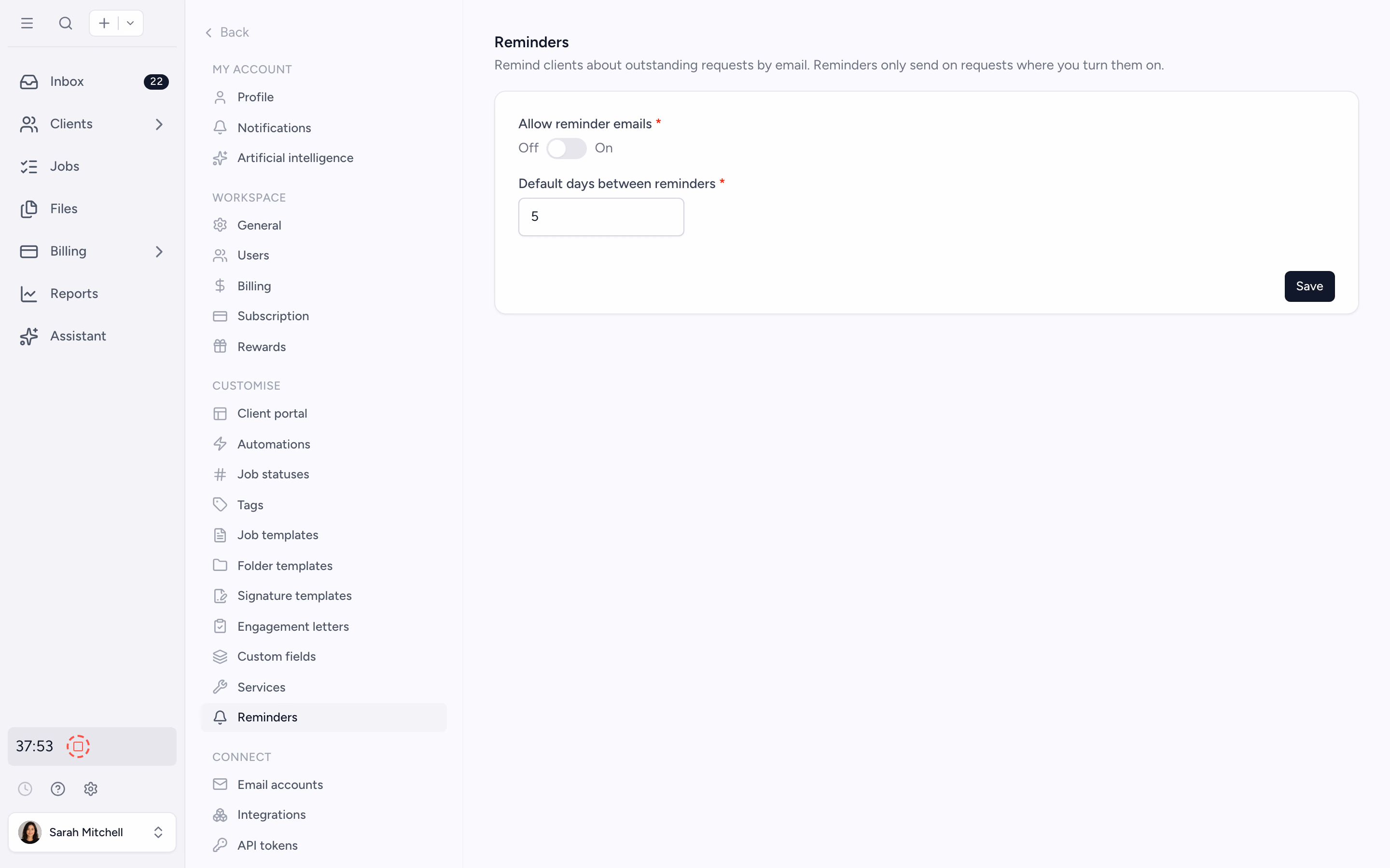 Tidyflow reminder settings for clients and staff