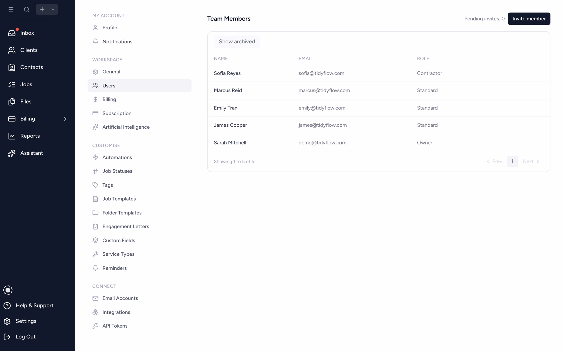 Tidyflow user management with roles and permissions across a growing team