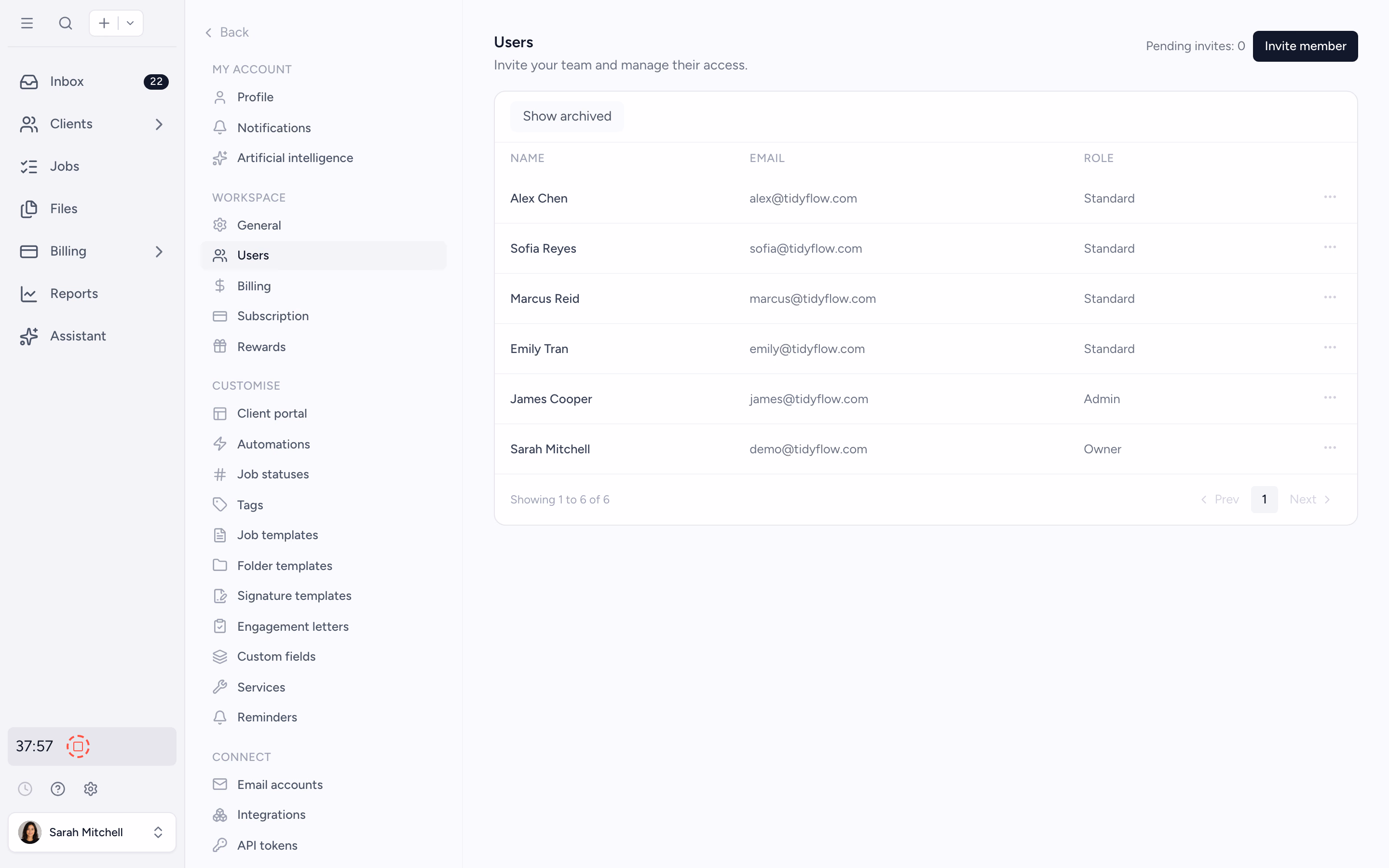 Tidyflow user management with roles and permissions across a growing team