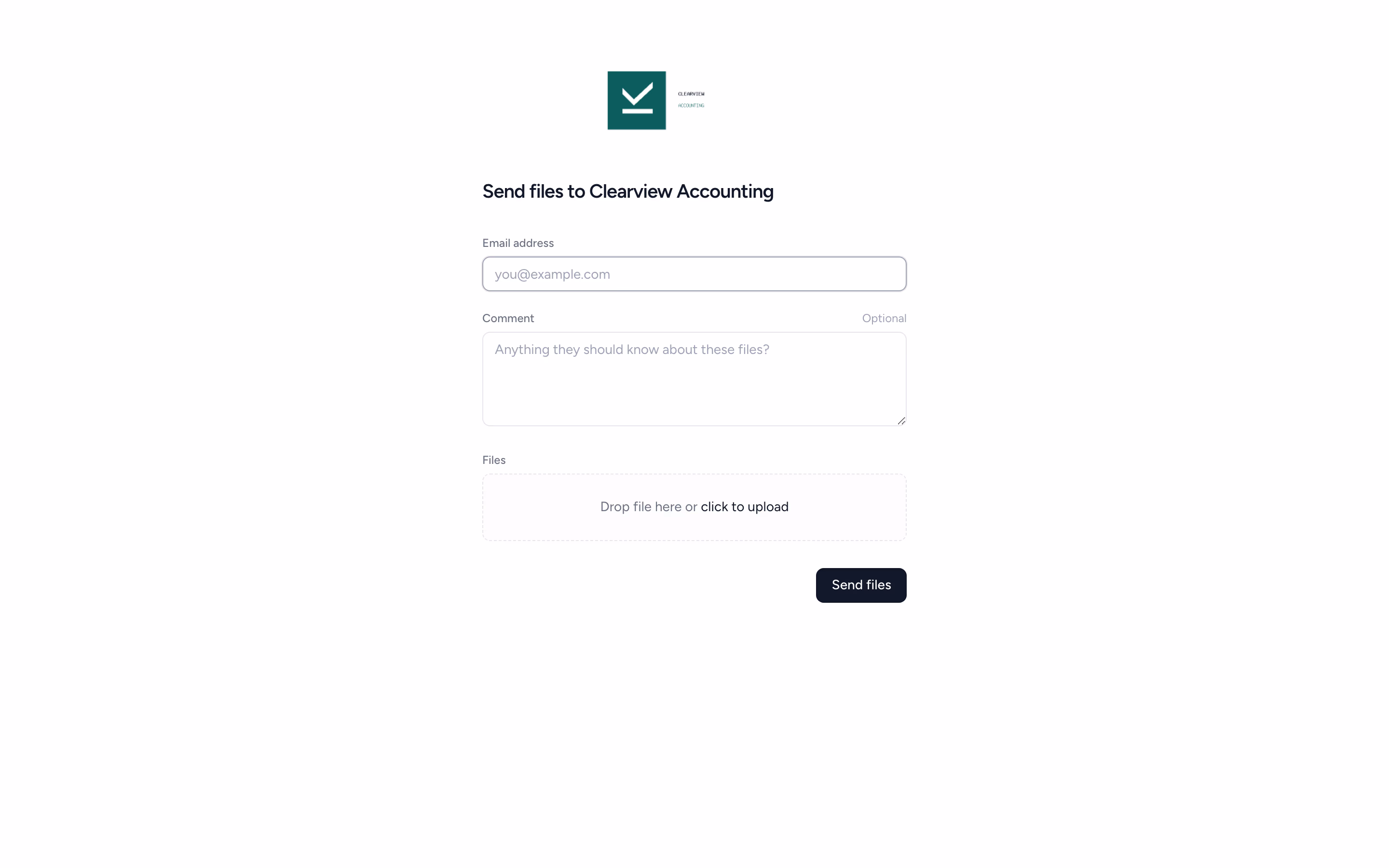 Firm-wide upload link page: sender enters email, optional comment, and drops files