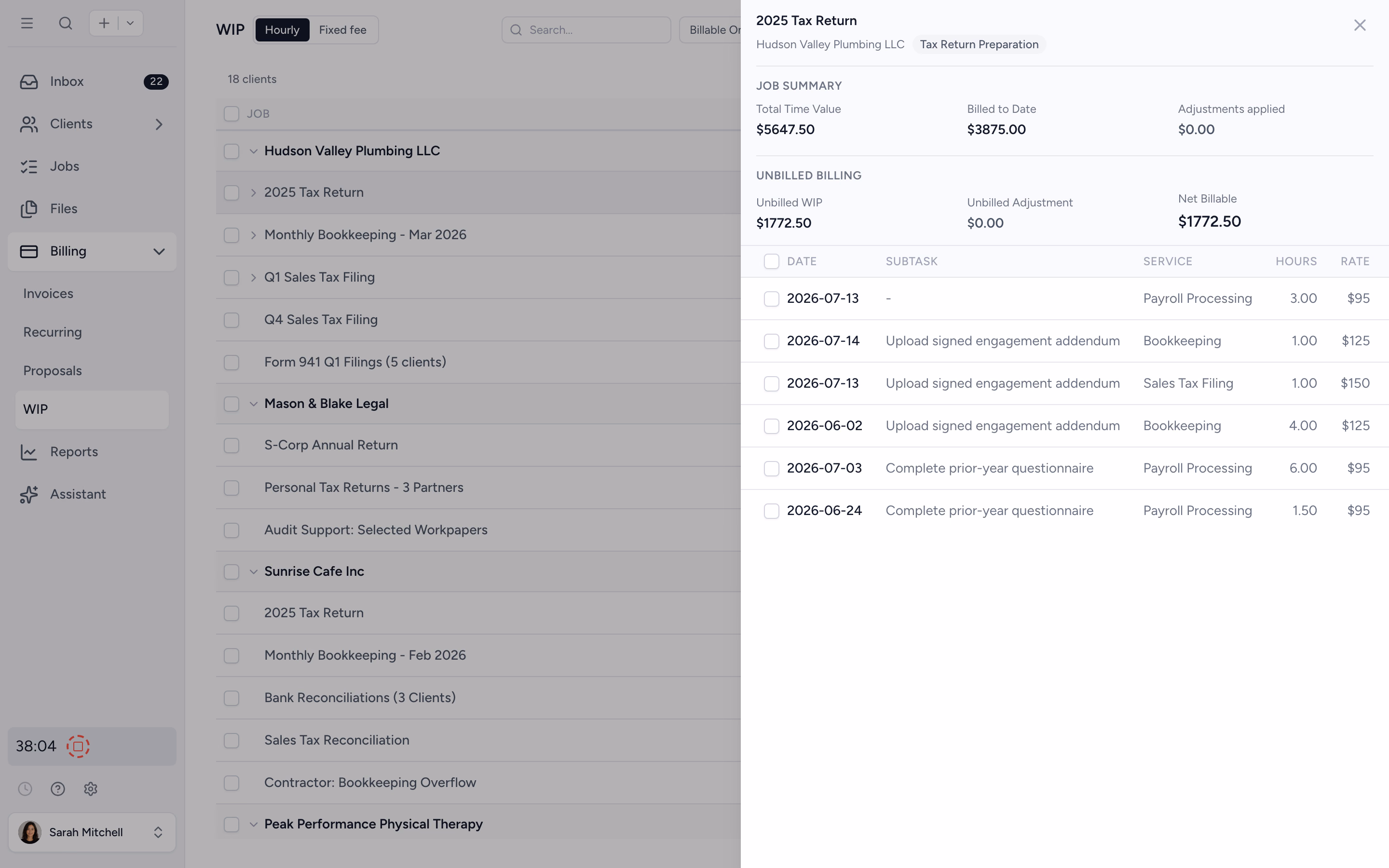 Unbilled WIP from tracked time, ready to invoice
