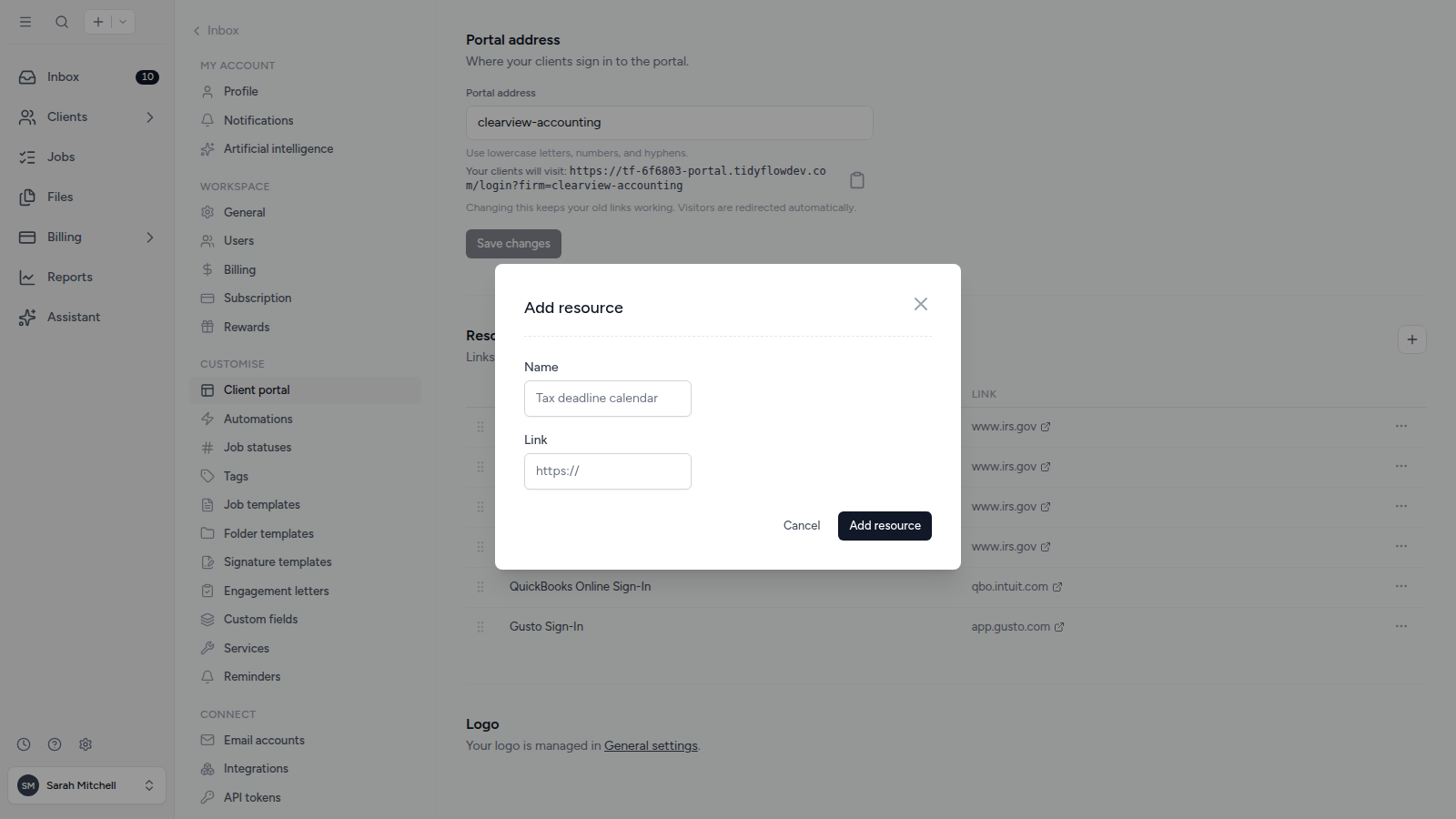 Add a resource link under Settings, Client portal