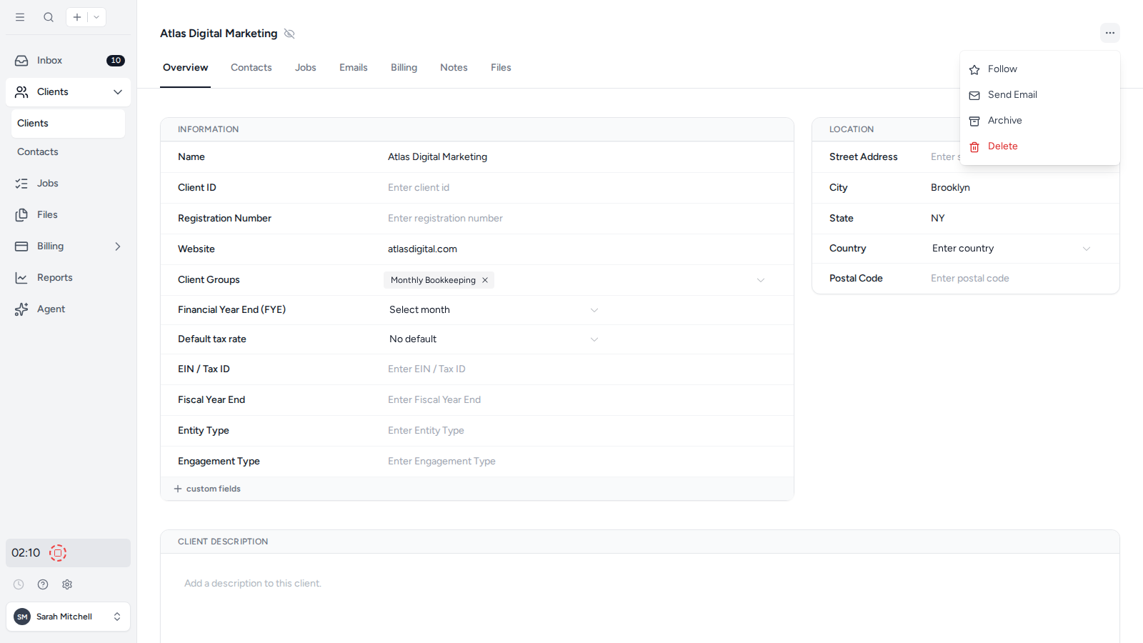 The client actions menu with Archive selected