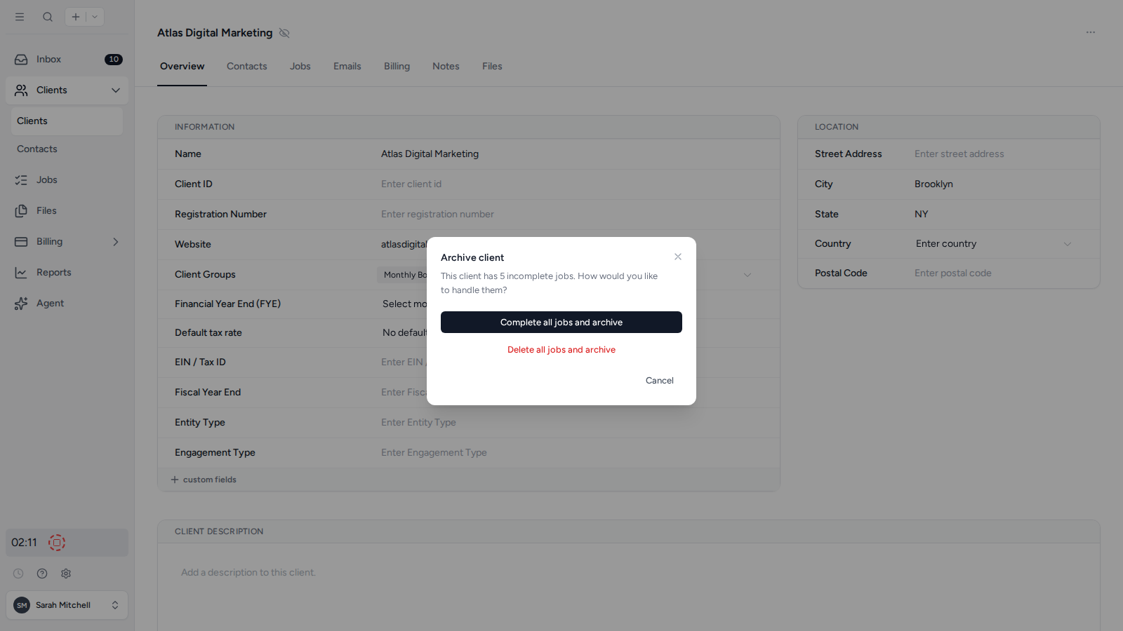 Archive options for a client with incomplete Jobs