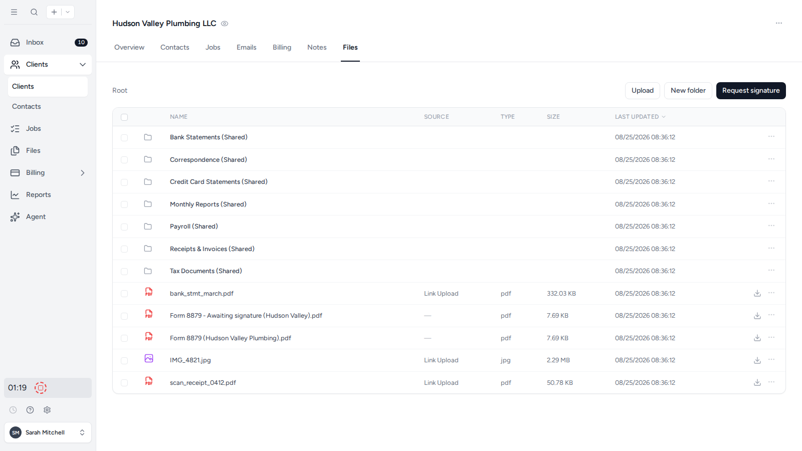 A client's Files section with folders and files