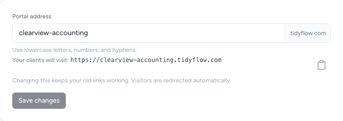 Portal address settings showing clearview-accounting.tidyflow.com and the Copy portal link button