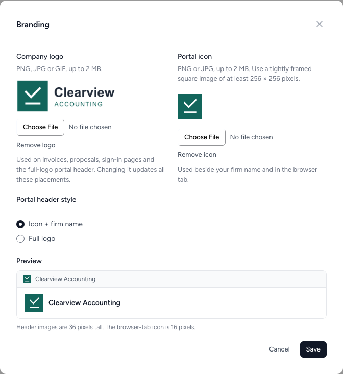 Branding editor with separate company logo and portal icon uploads, header styles and a live preview