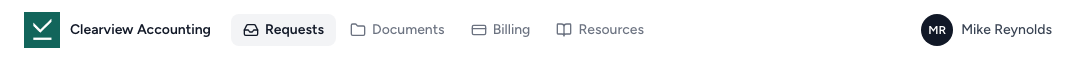 Client portal with the Icon + firm name header showing Clearview Accounting