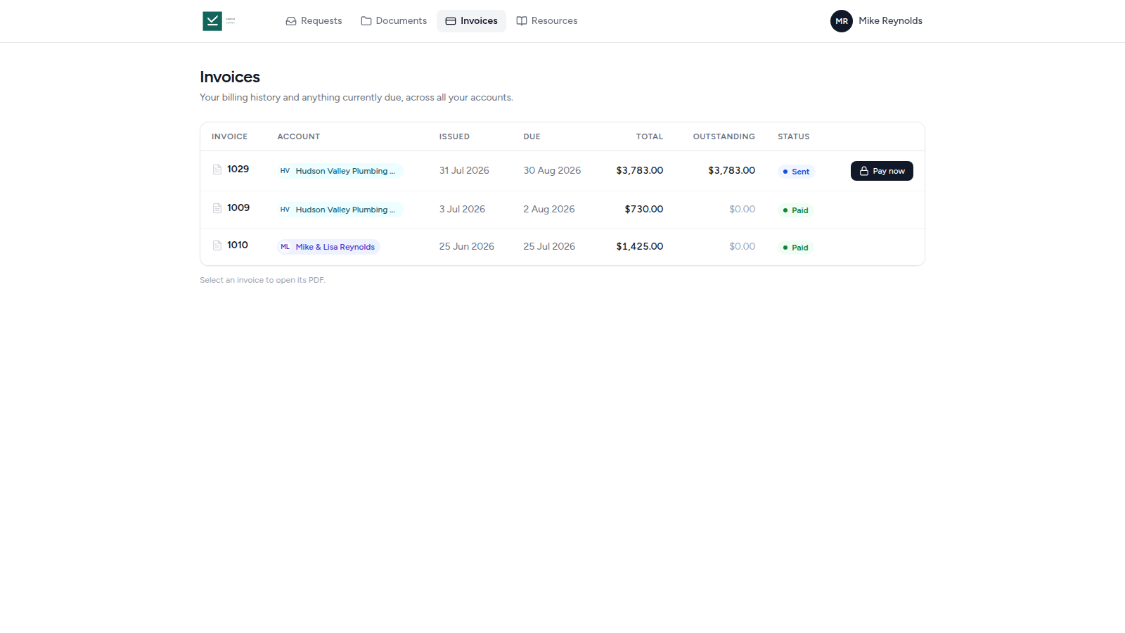Invoices in the client portal