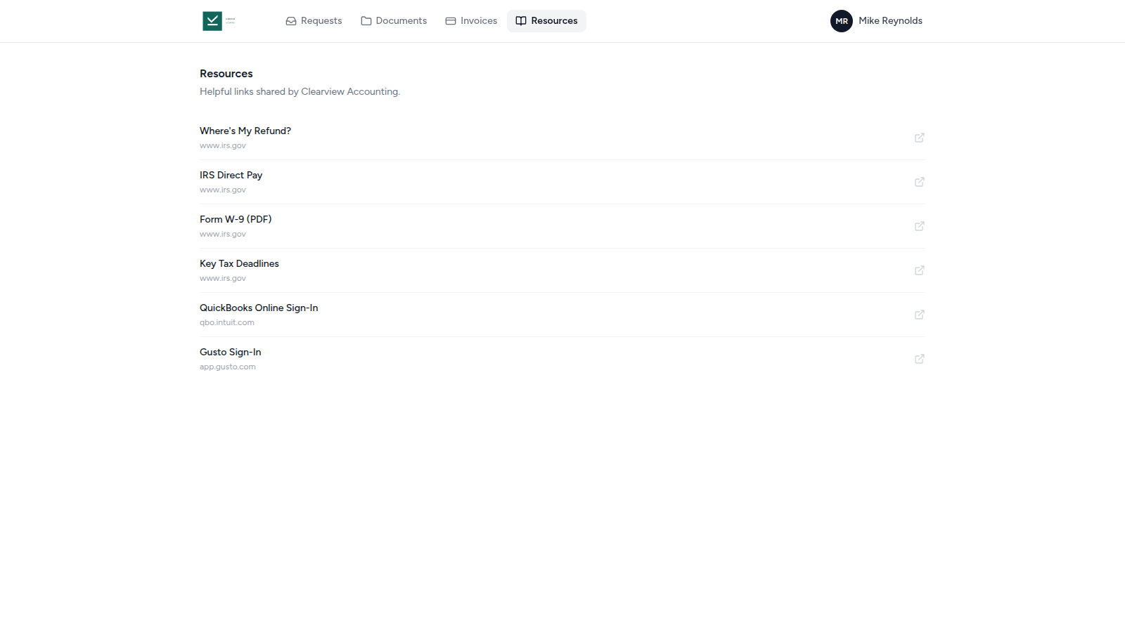 Resources page in the client portal