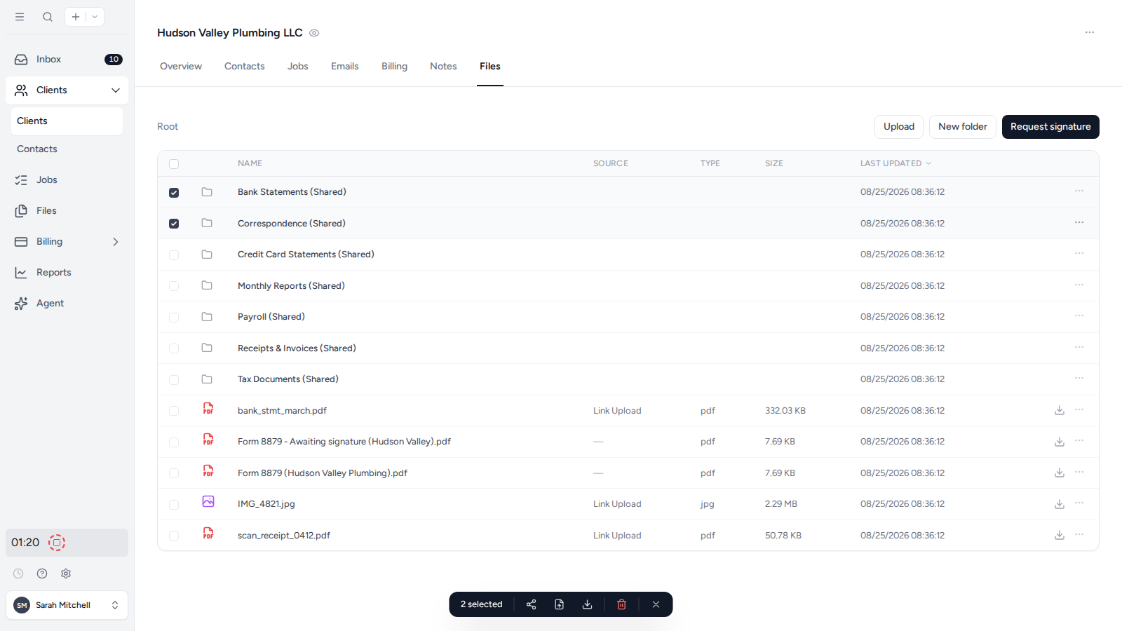 Selected files and folders ready for bulk download