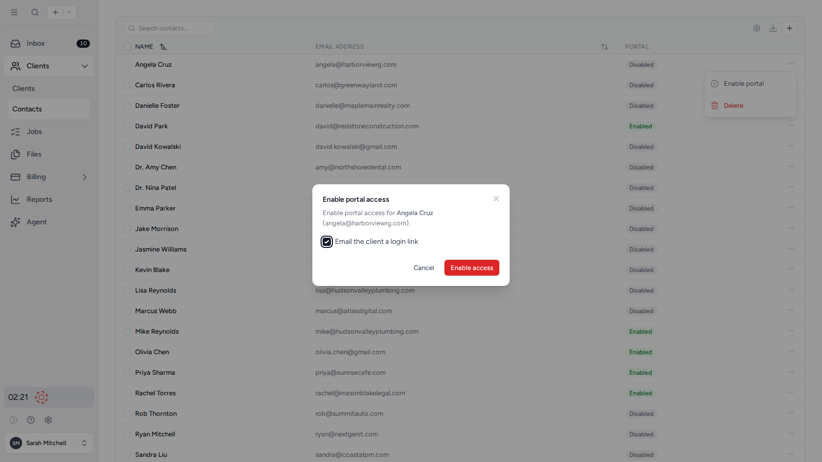 Enable portal access and email the Contact a login link