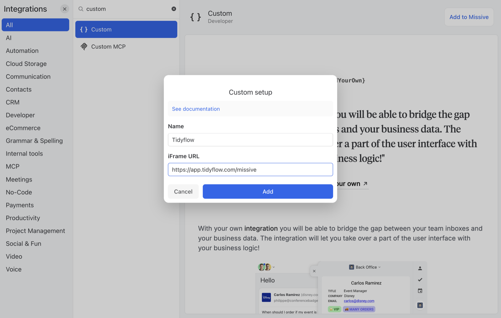 Custom integration setup dialog in Missive